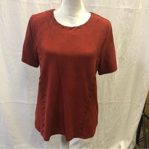 Moon River Stretch Short Sleeve Crew Neck Lace-Up Eyelet Shirt Top Orange Medium